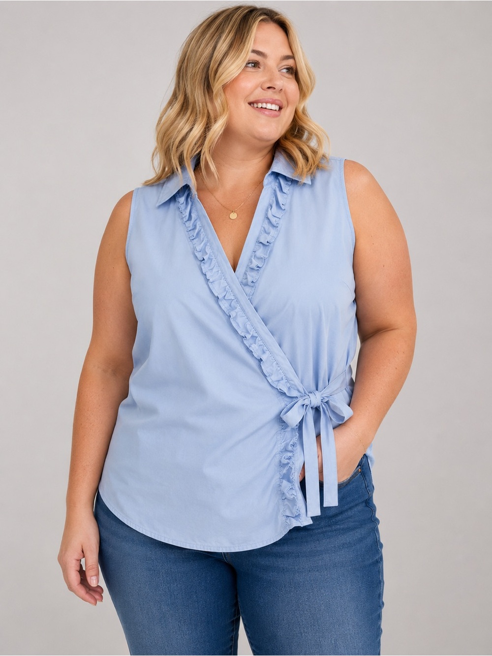 Blue Wrap Top Size 16 Tie Front Ruffle Sleeveless Cotton Blend Plus Summer